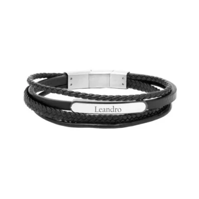 Abbildung von Schwarzes Lederarmband mit Gravurplatte poliert Armbänder