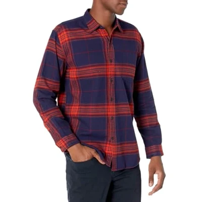 Abbildung von Amazon Essentials Herren Langarmhemd aus Flanell (in Übergröße erhältlich), Dunkelblau Orange Großes Karo, XL