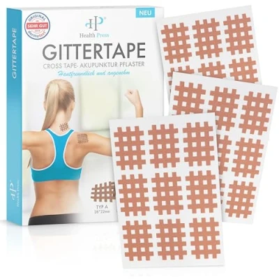 Abbildung von Health Press® Gittertape Cross Tape Größe Typ A 180 Stück Gitterpflaster zur Akupressur Akupunkturpflaster mit ausführlicher E Book Anleitung zum Download Pflaster