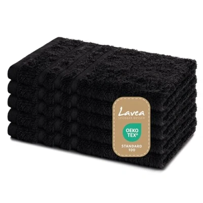 Abbildung von Lavea 5er Set Gästehandtücher 30x50 cm Weiche und Saugstarke Gästetücher aus 100% Baumwolle, Frottierserie Elena Waschbar Strapazierfähig Navy