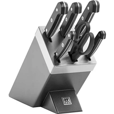 Abbildung von ZWILLING Gourmet Selbstschärfender Messerblock, 7 teilig, Messerset und Schere aus rostfreiem Spezialstahl/Kunststoff Griff, Grau [Made in Germany]