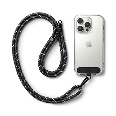 Abbildung von Ringke Holder Link Black [Kordel mit Schwarz Pad] Crossbody Handykette Universal zum Umhängen Kompatibel Universeller Handyhülle &amp; White