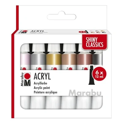 Abbildung von Marabu Acrylfarben Set SHINY CLASSICS, 6 x 12 ml metallisch schimmernde Farben, leicht vermalbar, schnell trocknend, lichtecht, wetterfest, für viele Maltechniken und Untergründe, 1210000000212