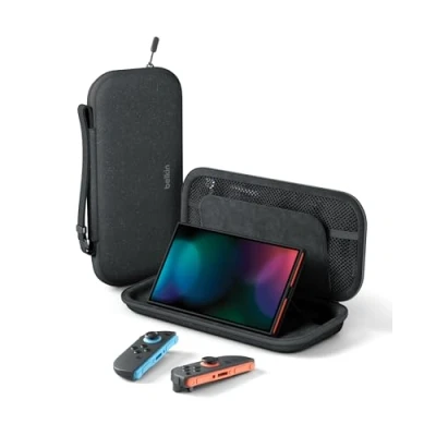 Abbildung von Belkin Gaming Nintendo Switch 2 Tasche mit Fächern für AirTag und Game Karten leichtes Hartschalen Case weichem Futter Reisen, Reisezubehör Anthrazit