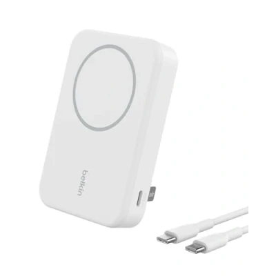 Abbildung von Belkin BoostCharge Pro kabellose Powerbank 10.000 mAh mit Qi2, MagSafe kompatibles tragbares Ladegerät integriertem Ständer für iPhone 16, 16 Plus, Pro, Max, 15 usw. Weiß
