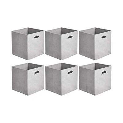 Abbildung von Amazon Basics Aufbewahrungswürfel aus Stoff, faltbar, mit ovalen Ösen, 6er Pack, Hellgrau