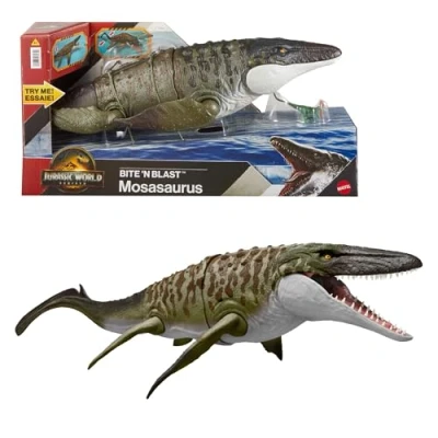 Abbildung von Mattel Jurassic World: Die Wiedergeburt Bite N Blast Mosasaurus Actionfigur und Mini Dilophosaurus, Dinosaurier Spielzeug mit breitem Kiefer, filmgetreues bewegliches Design, JJP80