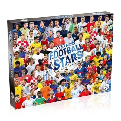 Abbildung von Winning Moves World Football Stars 1000 teiliges Puzzlespiel, Fußballspieler wie Harry Kane, Pele, Maradona, Lucy Bronze und Carli Lloyd, für Spieler ab 4 Jahren