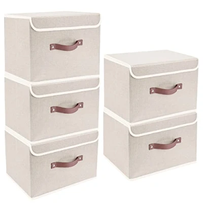Abbildung von TYEERS Faltbare Aufbewahrungsbox mit Deckel, Stoff, Waschbare, Kisten Aufbewahrung 38x25x25 cm, 5 Stück, Beige