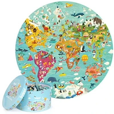 Abbildung von boppi Weltkarte Rundes Puzzle aus 100% recyceltem Karton, 150 Teile mit Tieren für Kinder 3 4 5 6 7 8 Jahre, 58cm Durchmesser