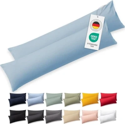 Abbildung von Blumtal Seitenschläferkissen Bezug 40 x 145 (2er Set Kissenbezüge) Blau 100% Baumwolle, Oeko Tex Zertifiziert, Kissenbezug für Seitenschläferkissen, Kissenhülle mit Reißverschluss