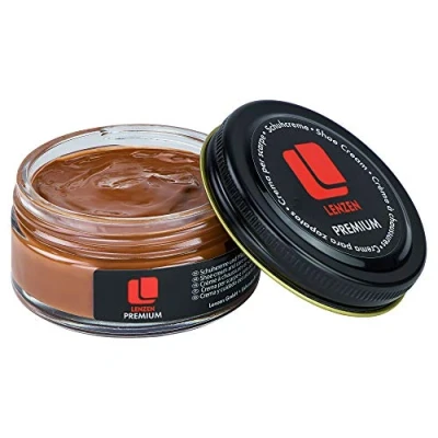 Abbildung von Lenzen Premium Schuhcreme für glattes und genarbtes Leder I Hochwertige Schuhpflege Glanz strahlende Farbe (Cognac)