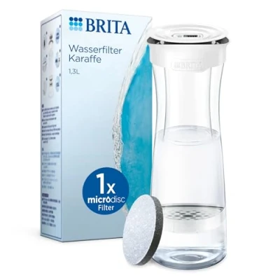 Abbildung von BRITA Wasserfilterkaraffe, weiß (1,3L) inkl. 1 MicroDisc Wasserfilter stilvolle, nachfüllbare Karaffe für zuhause, passt in die Kühlschranktür, reduziert PFAS, Chlor, Mikropartikel im Leitungswasser