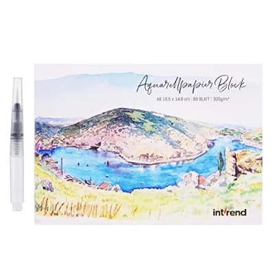 Abbildung von int!rend Aquarellpapier A6 300 g/m² 60 Seiten Aquarellblock mit Wassertankpinsel &amp; Bleistift Watercolor Paper für Handlettering Aquarell Papier Postkarten Blanko