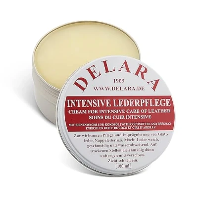 Abbildung von DELARA Intensive Lederpflege, farblos, 100 ml Imprägniert und schützt Leder sehr wirksam. Neue Rezeptur mit hochwertigem Kokosöl Bienenwachs Made in Germany