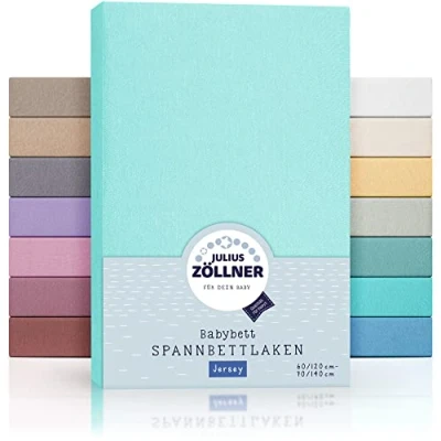 Abbildung von Julius Zöllner Jersey Spannbettlaken für Baby &amp; Kinderbett, 100% Baumwolle, OEKO TEX Standard 100 zertifiziert, Größe: 60x120cm / 70x140cm, 1er Pack, mint