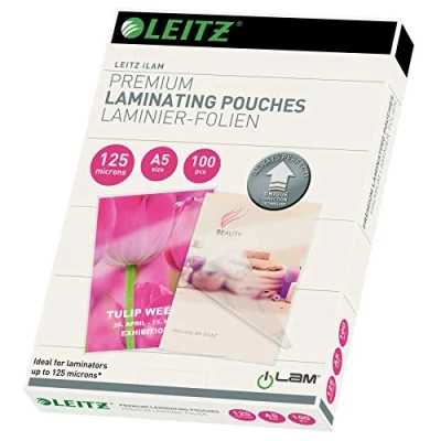 Abbildung von Leitz Heißlaminierfolien A5 125 mic, Laminierfolien in Premium Qualität im 100er Pack, Glänzend, Transparent, Vereinfachtes Einlegen durch UDT, iLAM, 74930000