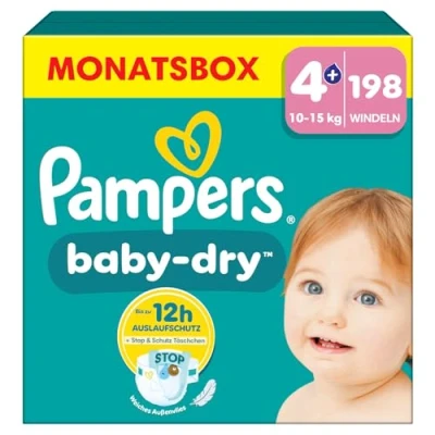 Abbildung von Pampers Windeln Größe 4+ (10 15kg) Baby Dry, Maxi Plus, MONATSBOX, bis zu 12 Stunden Rundum Auslaufschutz, 198 Stück