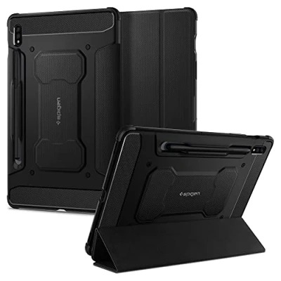 Abbildung von Spigen Rugged Armor Pro PU leder Book Case Schwarz Samsung Galaxy Tab S7/S8