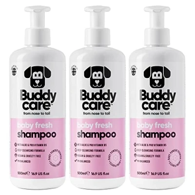 Abbildung von Baby Fresh Dog Shampoo von Buddycare für müffelige Hunde ab 8 Wochen Puder duftendes Welpen mit Aloe Vera und Provitamin B5 (500ml x3)
