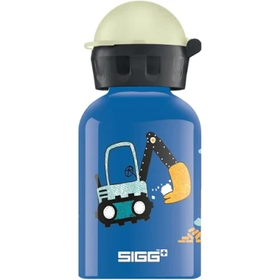Abbildung von SIGG Alu Trinkflasche Kinder KBT Build It Leuchtet im Dunkeln Auslaufsicher &amp; Bruchsicher Federleicht BPA frei Klimaneutral Zertifiziert Sport Schule Blau mit Baggerlader 0,3L