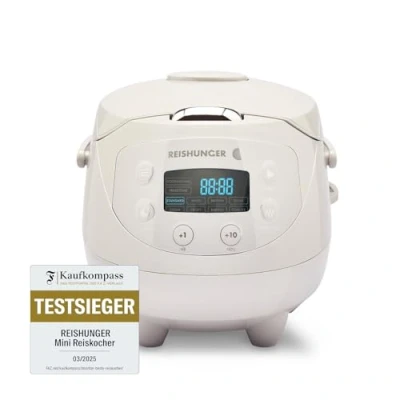 Abbildung von REISHUNGER Digitaler Reiskocher klein, grau 0,6 L bis 3 Personen Warmhaltefunktion, Timer &amp; Premium Topf Kleiner Multikocher Dampfgarer, 8 Programme, 7 Phasen Technologie