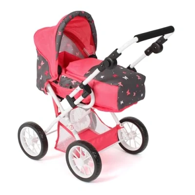 Abbildung von Bayer Chic 2000® 3in1 Kombi Puppenwagen Leni Butterfly Koralle faltbar, höhenverstellbarer Griff 43 67 cm, Tragetasche Puppen bis 46 ab 3 J.