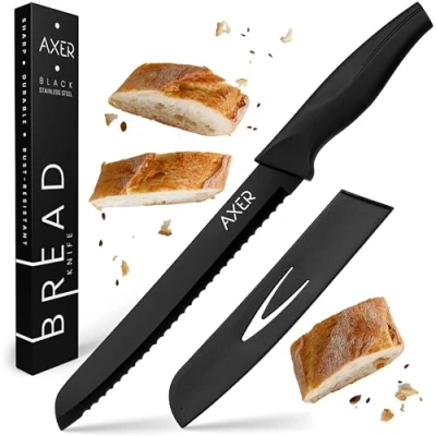 Abbildung von Axer Schwarz Brotmesser Wellenschliff Brot Messer mit Schutzhülle Brötchenmesser 33 cm lang Edelstahl Küchenmesser Scharf Bread Knife