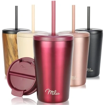 Abbildung von Milu Thermobecher 300ml, 400ml, 500ml 100% Auslaufsicher Edelstahl Kaffeebecher to go isoliert mit Strohhalm hält 10h heiß / 20h kalt, BPA frei (Berry, 400ml)