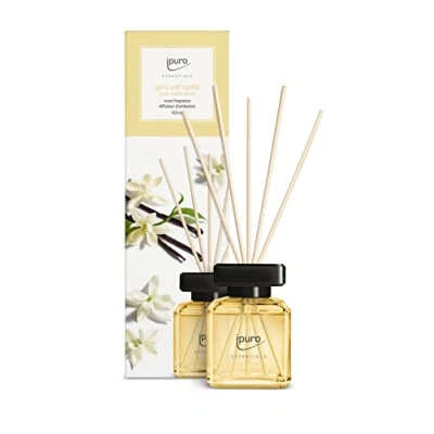 Abbildung von ipuro Essentials Raumduft Soft Vanilla 100ml Raumerfrischer mit Vanille, Sandelholz, Lakritz, Pfirsichblüte &amp; Karamell Duft Aroma Diffuser Stäbchen Lufterfrischer für die Wohnung