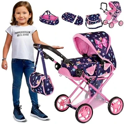 Abbildung von Kinderplay Puppenwagen ab 1 2 3 Jahre Kinderwagen Spielzeug in 1, mit Herausnehmbarer Tragetasche und Umhängetasche, Höhenverstellbar 34.5 cm bis 64 cm, KP0200I