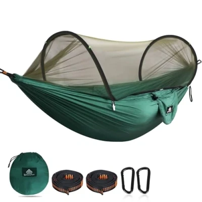 Abbildung von NATUREFUN Ultra Light Reisecamping Hängematte Moskitonetz 300 kg Tragkraft, atmungsaktiv Schnelltrocknendes Fallschirm Nylon 2 Premium Karabiner, Nylonschlingen inklusive Dunkelgrün