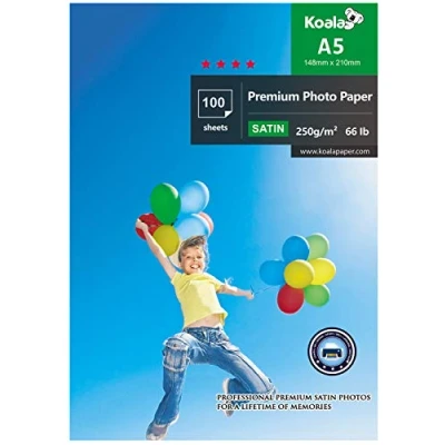 Abbildung von KOALA Inkjet Satin/Oyster Fotopapier, A5, 210 x 148 mm, 250 g/m², 100 Blatt, mit Premium Satin Harz beschichtet, für Canon, HP, Epson Tintenstrahldrucker