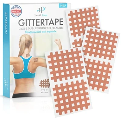 Abbildung von Health Press® Gittertape Cross Tape Größe Typ C 40 Stück Gitterpflaster zur Akupressur Akupunkturpflaster mit ausführlicher E Book Anleitung zum Download Pflaster
