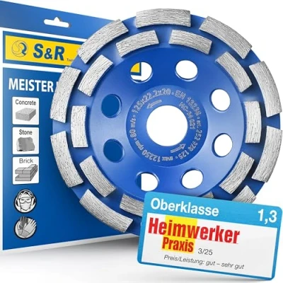 Abbildung von S&amp;R Diamant Schleiftopf 125 x 22,23 mm für Beton, Granit, Naturstein, Stein, Mauerwerk, trockener Fliesenkleber, Estrich, 2 reihig, verbesserte Segment Formel, Winkelschleifer Schleifscheibe