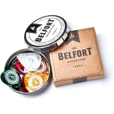 Abbildung von BELFORT® 20 hochwertige Plektren für Gitarre BONUS: Gratis Ebook In edler Geschenk Box Gitarren Plektrum aus extrem robustem Celluloid 4 Stärken: 0.46 1.20mm