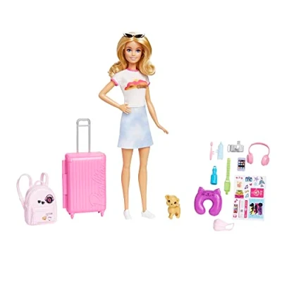 Abbildung von Barbie Puppe, Reise mit blonden Haaren, 10+ Reisezubehör, Aufkleber, Koffer, Welpe, inkl. 1 Geschenk für Kinder, Spielzeug ab 3 Jahre,HJY18
