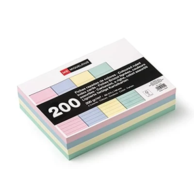 Abbildung von Miquelrius Karteikarten, Lernkarten, 200 Notizkarten, horizontal liniert, A5 Format, 148 x 210 mm, g/m² Offset Kartenpapier, Pastellfarben