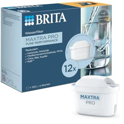 Abbildung von BRITA Filterkartuschen MAXTRA PRO All in 1 12er Pack (Jahresvorrat); Ersatzkartusche Für alle Kannen. frisches Wasser. Filtert Mikroverunreinigungen wie PFAS, Chlor, Kalk &amp; Metalle