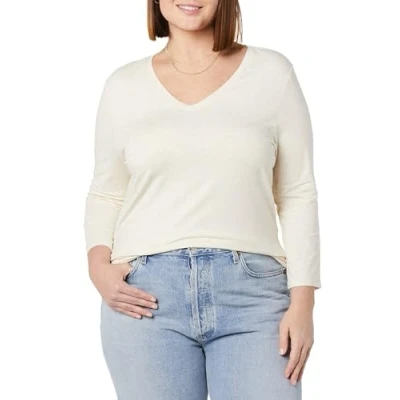 Abbildung von Amazon Essentials Damen T Shirt Mit V Ausschnitt Und 3/4 Ärmeln, Klassischer Schnitt (Erhältlich In Übergröße), Haferbeige Meliert, M