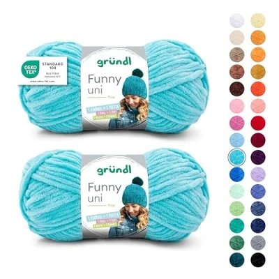 Abbildung von Gründl Wolle Funny uni weiche Chenille zum Häkeln Chenillegarn aus 100% Polyester, 2 Knäuel (100 g/ 120 m, Nadelstärke: 5 6) Türkis