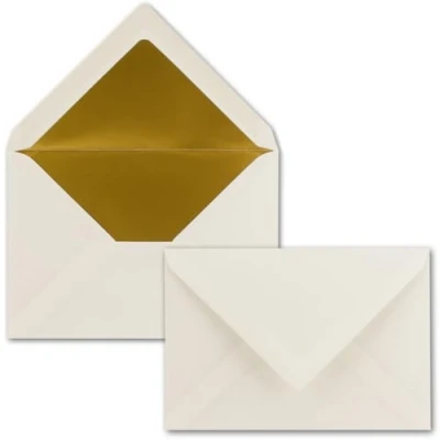 Abbildung von Kuverts in Naturweiß 50 Stück Brief Umschläge DIN C6 114 x 162 mm 11,4 16,2 cm Naßklebung matte Oberfläche &amp; Gold Metallic Fütterung ohne Fenster für Einladungen