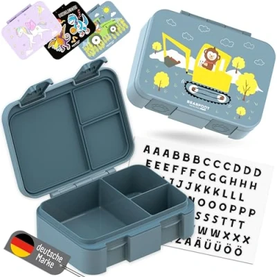 Abbildung von BEARFOOT Bento Box COMPACT BPA freie Kinder Brotdose für Schule &amp; Kindergarten Auslaufsichere Lunchbox Mädchen Jungen Praktisch, leicht kompakt (Bagger blau, 650ml)