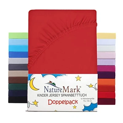 Abbildung von NatureMark 2er Set Kinder Spannbettlaken Jersey, Spannbetttuch 100% Baumwolle, für Babybett und Kinderbett 70x140 cm Rot