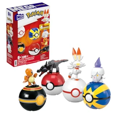 Abbildung von MEGA Pokémon Feuer Typ Trainerteam 4 bewegliche mit Pokébällen, inklusive Lichtel, Glumanda, Hopplo und Molunk, für Kinder ab 6 Jahren, HTJ06