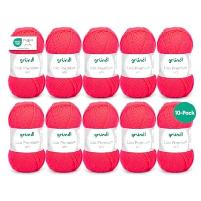 Abbildung von Gründl Lisa Premium Uni Strick &amp; Häkelgarn (weicher und wollartiger Charakter, pflegeleichtes Strickgarn aus 100% Polyacryl, 50 g/ 133 m, Nadelstärke: 3,5 4,5, 10 Knäuel á g), Neonkoralle