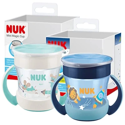 Abbildung von NUK Mini Magic Cup Trinklernbecher mit Leuchteffekt 6+ Monate 160 ml auslaufsicherer 360 Trinkrand ergonomische Griffe BPA frei Blau/mint