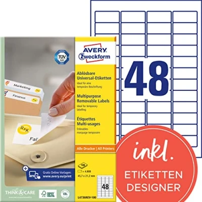 Abbildung von AVERY Zweckform L4736REV 100 Universal Etiketten (4.800 Klebeetiketten, 45,7x21,2mm auf A4, wieder rückstandsfrei ablösbar/abziehbar, individuell bedruckbare, selbstklebende Aufkleber) Blatt, weiß