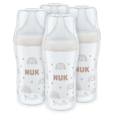 Abbildung von NUK Perfect Match Babyflaschenset Ab 3 Monate Passt sich dem Baby an Temperature Control Anti Colic 260 ml BPA frei Silikontrinksauger, Medium Regenbogen 4 Stück