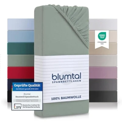 Abbildung von Blumtal® Basics Spannbettlaken 140x200cm Jersey Baumwolle Oeko TEX zertifiziertes Spannbetttuch Matratzenbezug Bettbezug Summergreen Grün